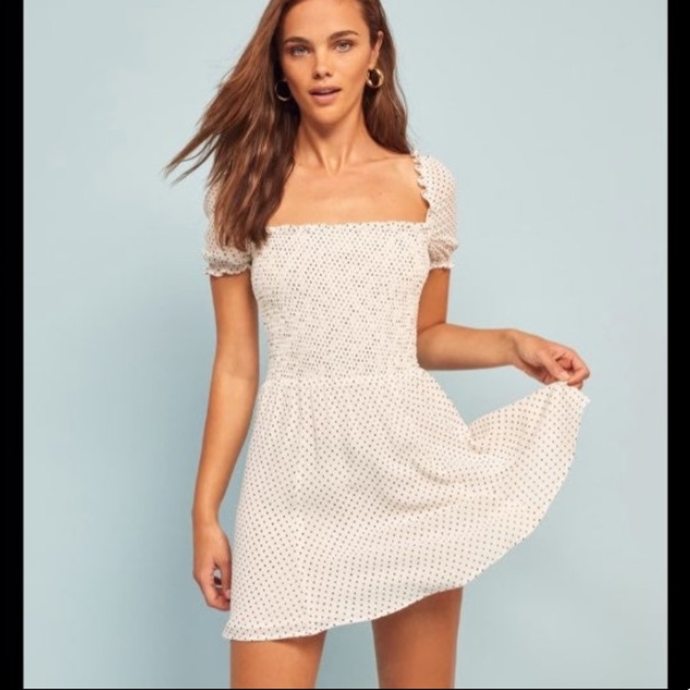 Reformation Bambina white polka dot mini dress
